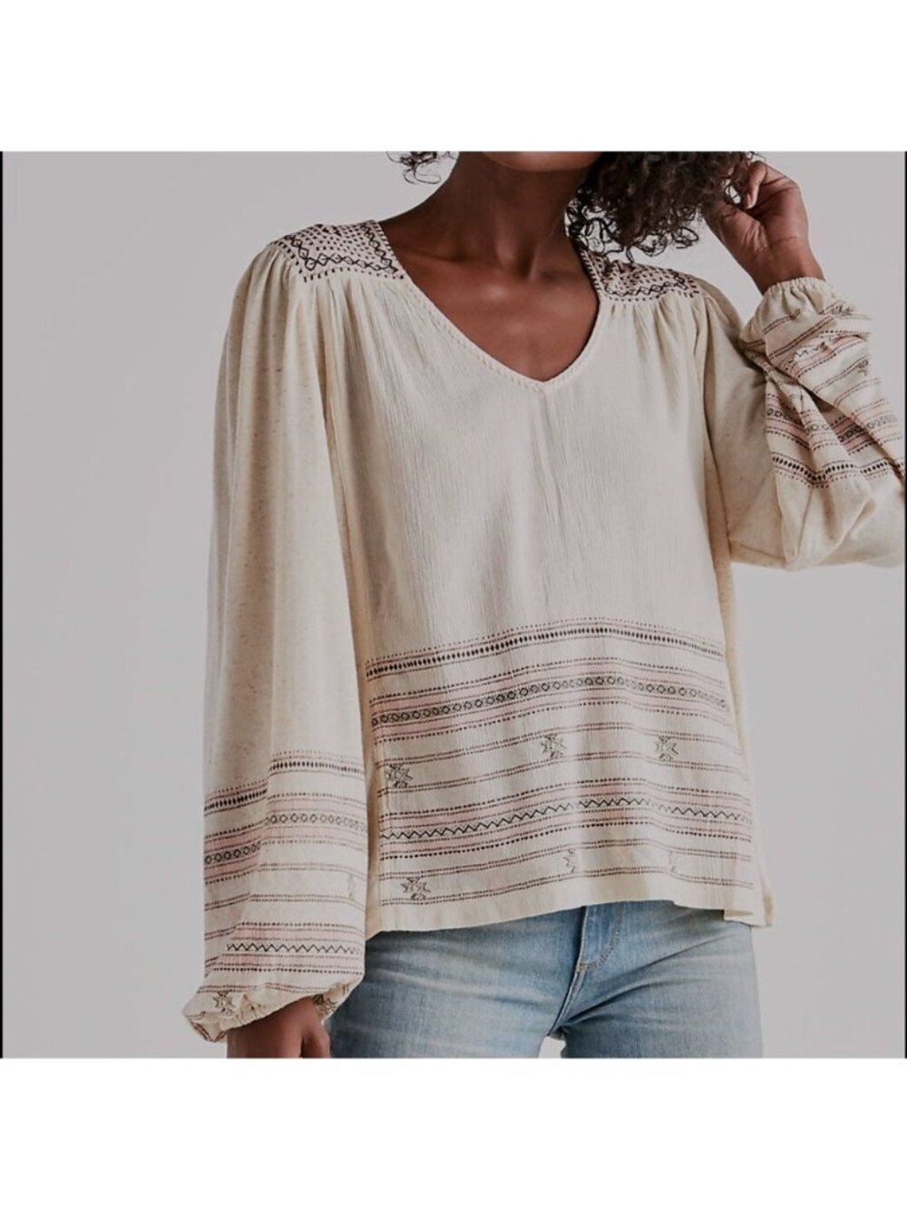 NEW $69 Lucky Brand  Oversized Women’s Embroidered Boho Long Balloon Slv Top M